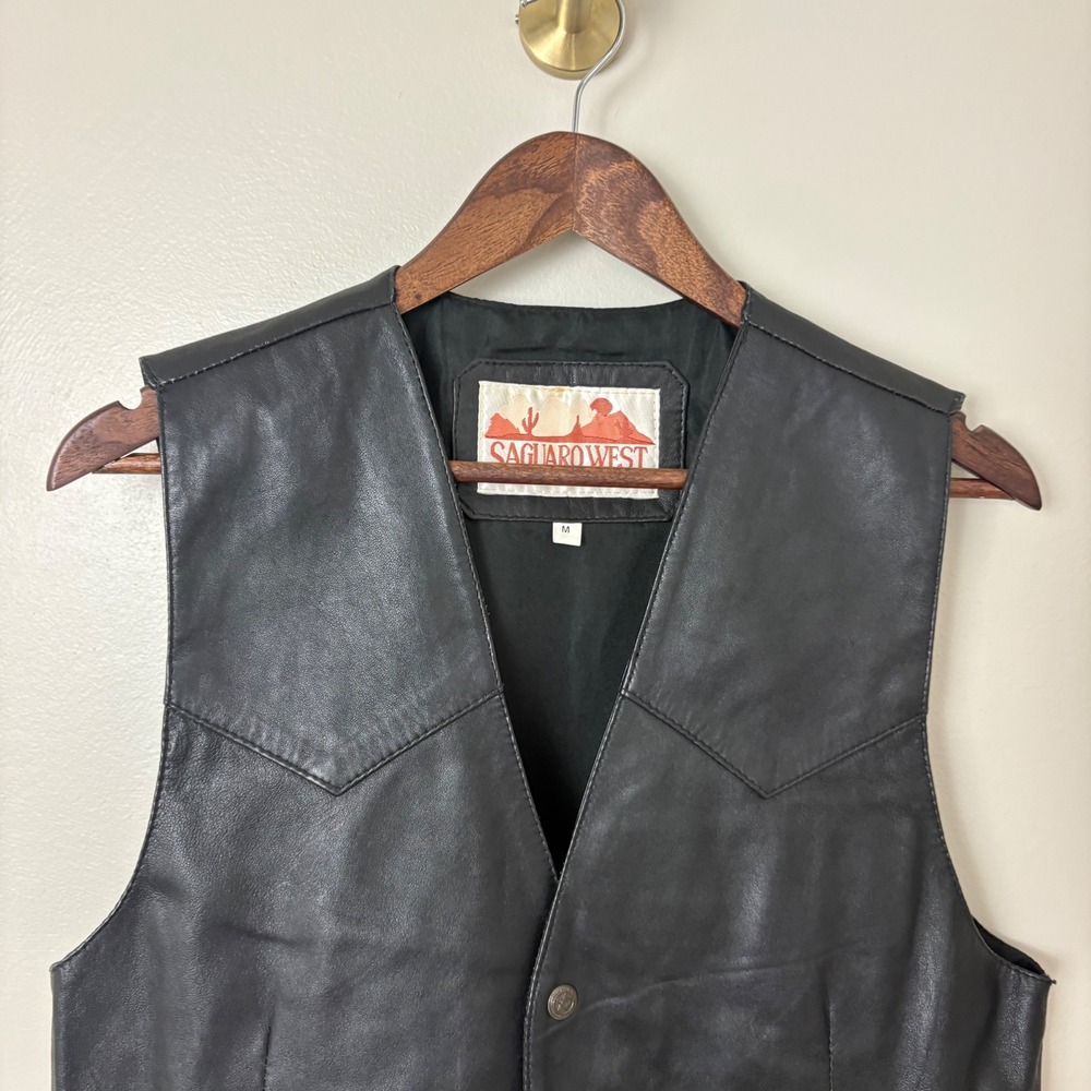 VTG Saguaro West Leather Vest Mens M Black Oklahoma State Seal Snap Cowboy Rodeo - Picture 2 of 9